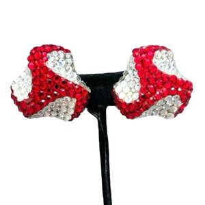 VINTAGE RICHARD KERR RED & CLEAR CRYSTAL/RHINESTONE TRIANGLE CLIP ON EARRINGS